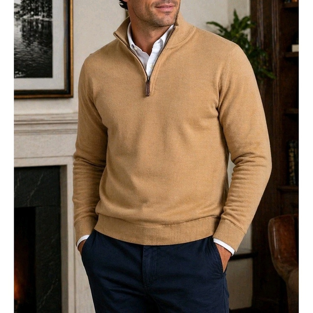 Lands End Mens Small Quarter Zip Pullover Sweater Tan Cotton Blend Casual